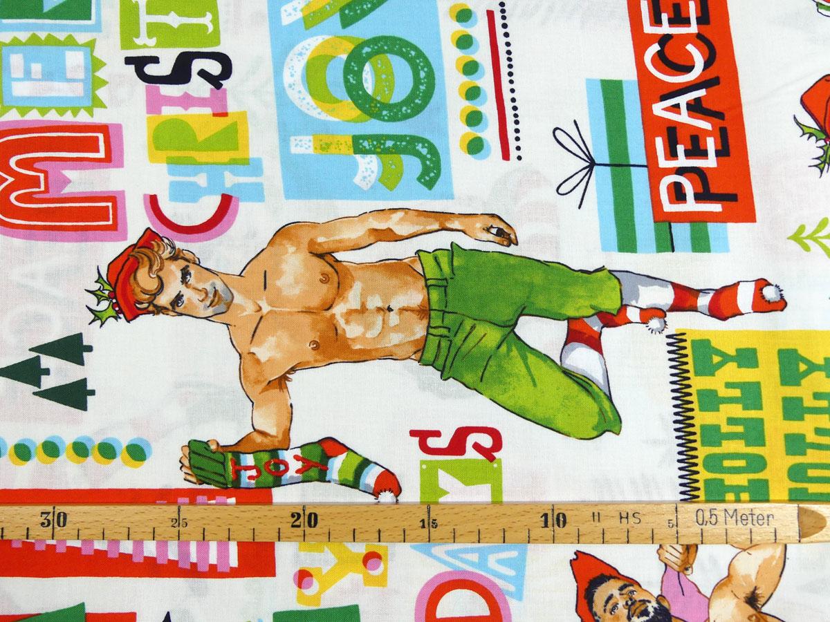 Patchworkstoff Alexander Henry Fabrics Santas Helpers mit Größenangabe